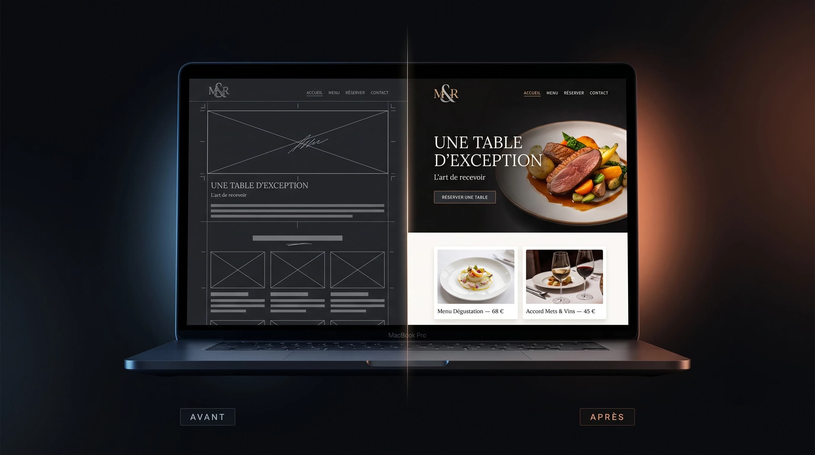 Un même site de restaurant, avant et après : à gauche la maquette filaire grise, avec ses croix d'emplacements d'images et son faux texte ; à droite le site livré par BRNSG, photo de plat, titre « Une table d'exception » et bouton « Réserver une table ».