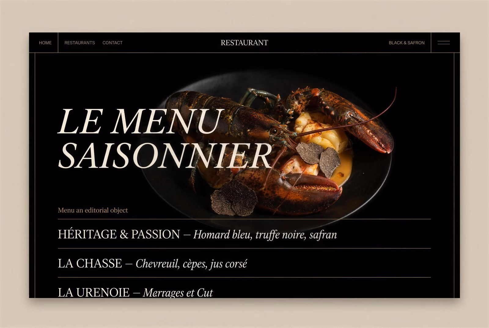 Site du restaurant Black & Safran : le menu saisonnier en pleine page
